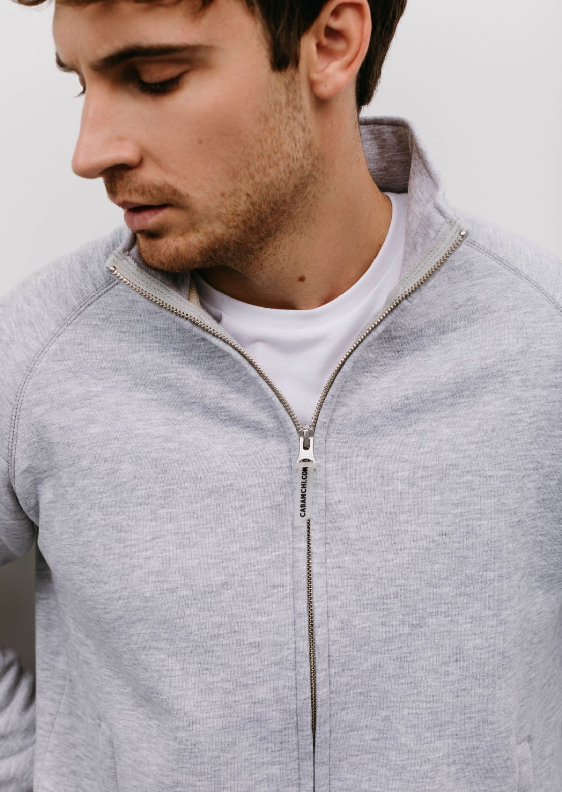 Grey melange color men's three-thread insulated sweatshirt with a zipper